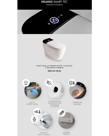 FERRUM MILANO SMART TEC INODORO LARGO CON DEPOSITO INCORPORADO Y TAPA DE ASIENTO INTELIGENTE MNO-IN-100-BL IEIQX-B