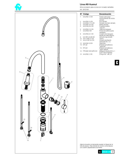 FV HUEMUL JUEGO MONOCOMANDO DE COCINA CON ROCIADOR BRUSHED BRASS 0412/N9-BB