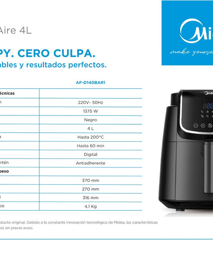 MIDEA HOGAR AIR FRYER 4L NEGRA DIGITAL AF-D140BAR1