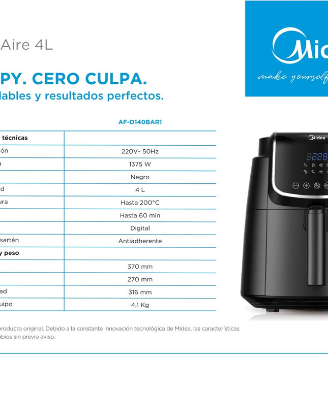 MIDEA HOGAR AIR FRYER 4L NEGRA DIGITAL AF-D140BAR1
