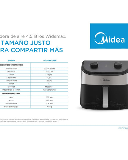 MIDEA HOGAR AIR FRYER 4.5 SIN ACEITE CONTROL MECANICO AF-MW45BAR1