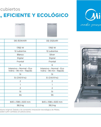 MIDEA HOGAR LAVAVAJILLAS SILVER 12 CUBIERTOS DE-312SAR1