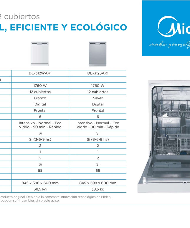 MIDEA HOGAR LAVAVAJILLAS SILVER 12 CUBIERTOS DE-312SAR1