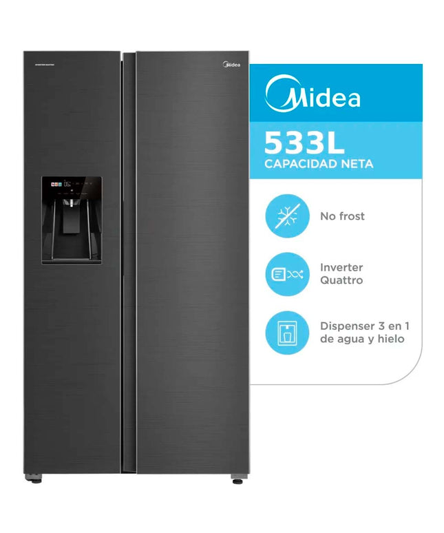 MIDEA HOGAR HELADERA NO FROST INVERTER SIDE BY SIDE 533L CON DISPENSER MDRS761FGFDXADW