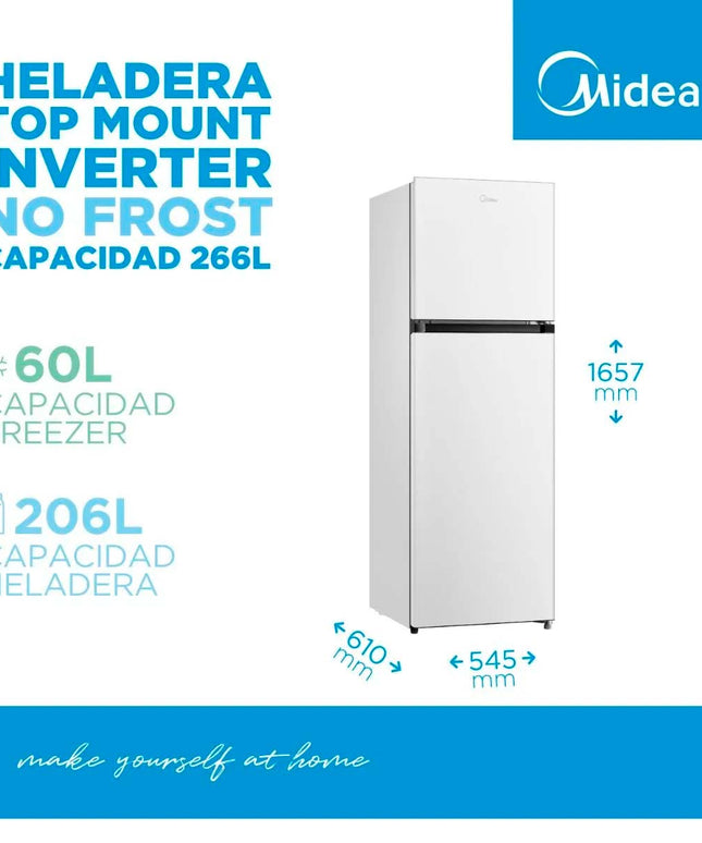 MIDEA HOGAR HELADERA NO FROST INVERTER TOP MOUNT 266L BLANCO MDRT385MTF01AD