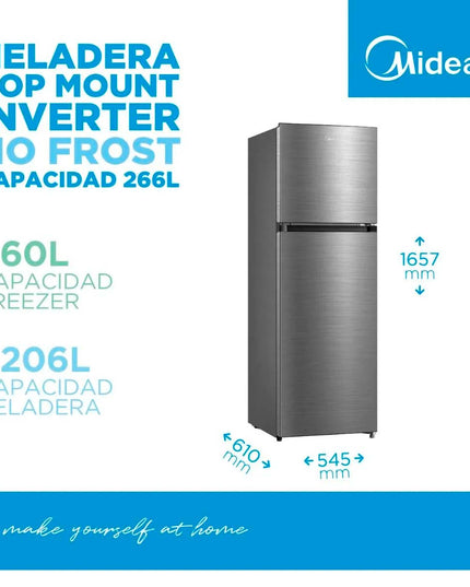 MIDEA HOGAR HELADERA NO FROST INVERTER TOP MOUNT 266L INOX MDRT385MTF46AD