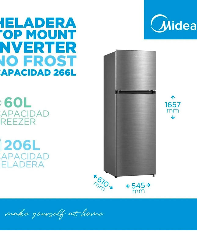 MIDEA HOGAR HELADERA NO FROST INVERTER TOP MOUNT 266L INOX MDRT385MTF46AD