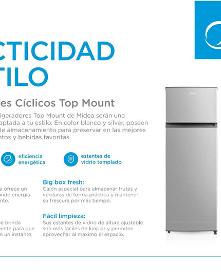 MIDEA HOGAR HELADERA CICLICA TOP MOUNT 295L PLATEADA MDRT414FGE50A