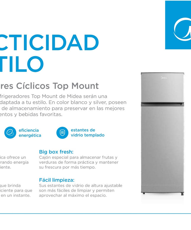 MIDEA HOGAR HELADERA CICLICA TOP MOUNT 295L PLATEADA MDRT414FGE50A