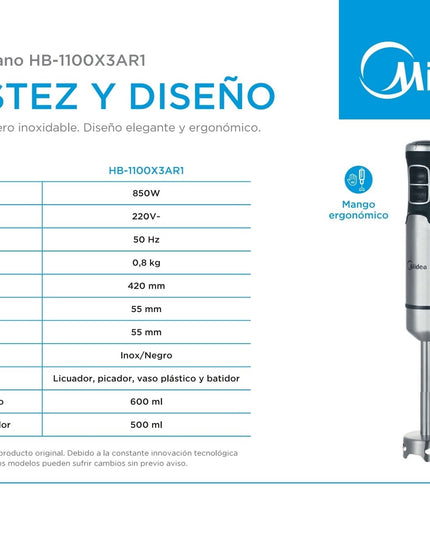 MIDEA HOGAR LICUADORA DE MANO 850W INOX HB-1100X3AR1