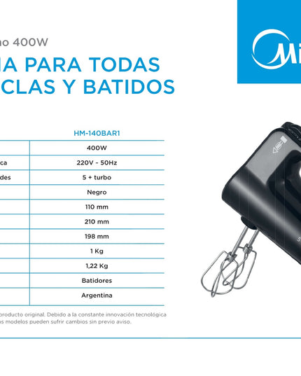 MIDEA HOGAR BATIDORA DE MANO NEGRA 400W HM-140BAR1