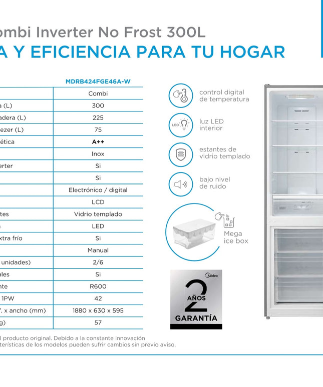 MIDEA HOGAR HELADERA INVERTER BELOW MOUNT NO FROST 300L MDRB424FGE46A-W