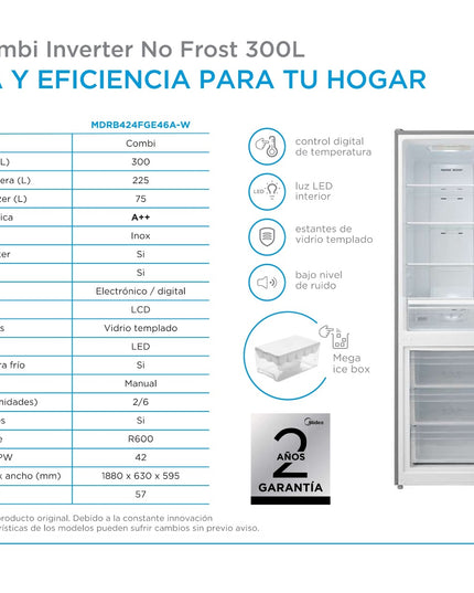 MIDEA HOGAR HELADERA INVERTER BELOW MOUNT NO FROST 300L MDRB424FGE46A-W