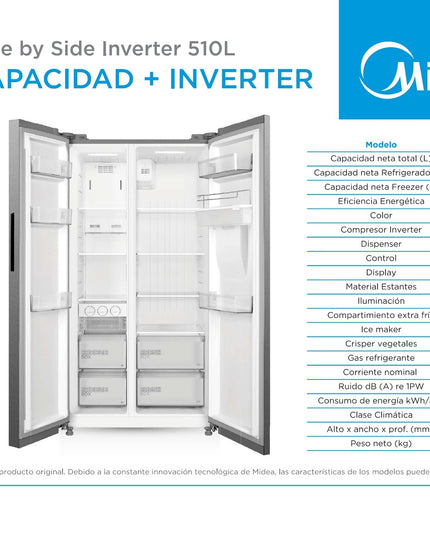 MIDEA HOGAR HELADERA NO FROST INVERTER SIDE BY SIDE 510L MDRS710FGE46ADW