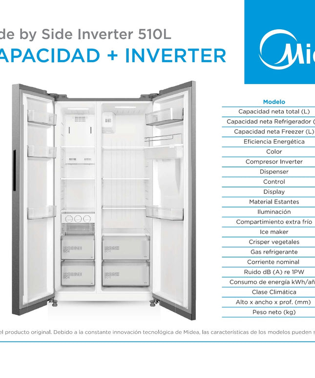 MIDEA HOGAR HELADERA NO FROST INVERTER SIDE BY SIDE 510L MDRS710FGE46ADW