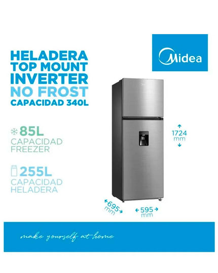 MIDEA HOGAR HELADERA NO FROST INVERTER TOP MOUNT 340L PLATEADA MDRT489MTE46ADW