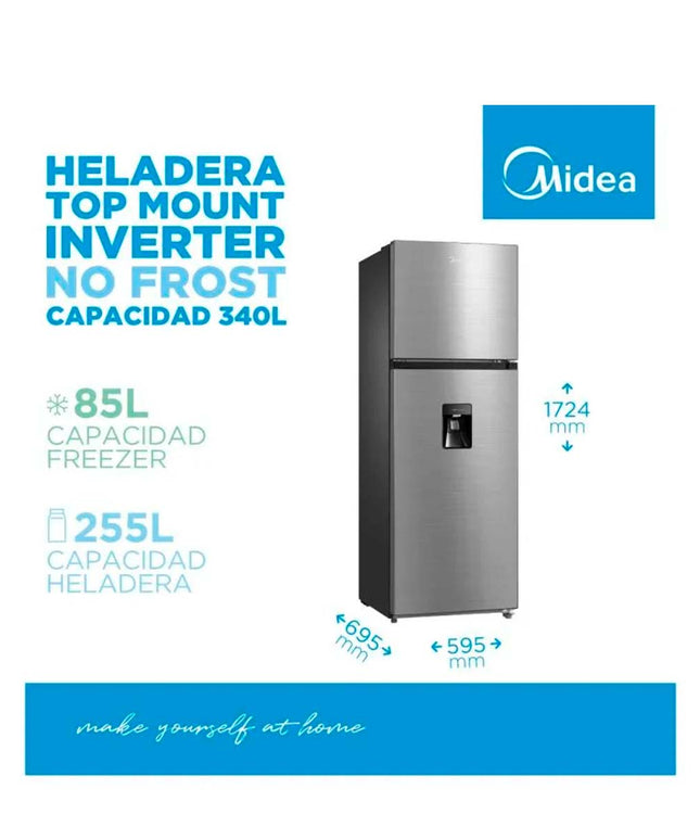 MIDEA HOGAR HELADERA NO FROST INVERTER TOP MOUNT 340L PLATEADA MDRT489MTE46ADW