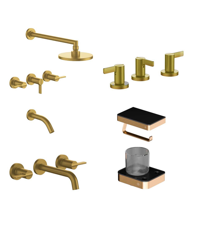 FV COMBO GRIFERIA MAUNA BRUSHED BRASS + ACCESORIOS INOX ONE