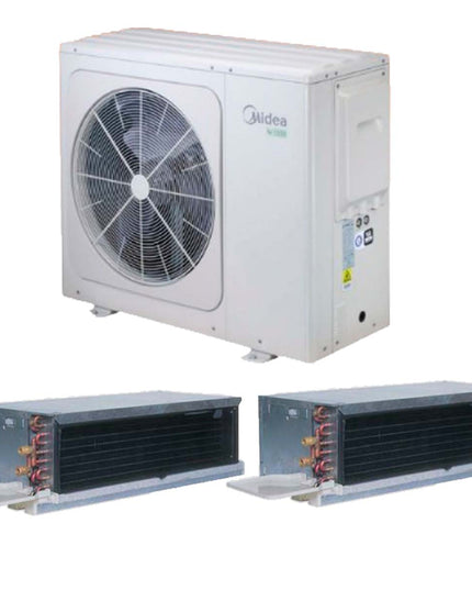 MIDEA BOMBA CALOR AEROTERMIA 16KW Y CARRIER FAN COIL BAJA SILUETA AF Y AC 24K BTU/H UNIDAD HEAVY DUTY