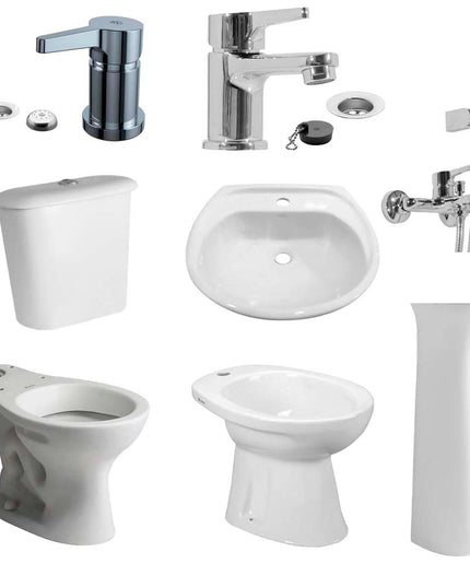 JUEGO DE BAÑO 8 PIEZAS ANDINA FERRUM Y GRIFERIA ALBA FV MONOCOMANDO