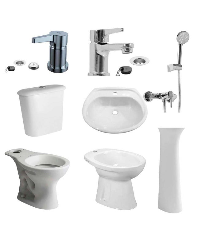 JUEGO DE BAÑO 8 PIEZAS ANDINA FERRUM Y GRIFERIA ALBA FV MONOCOMANDO