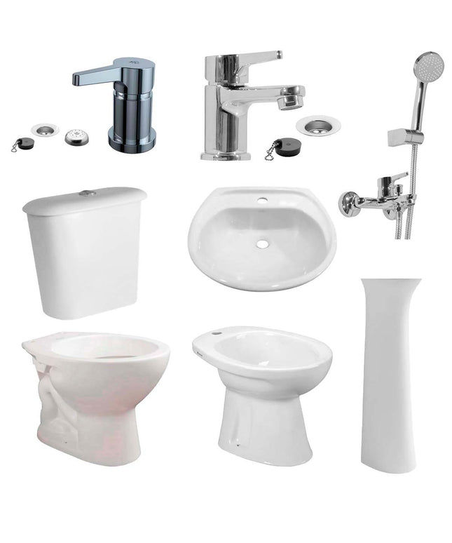 JUEGO DE BAÑO 8 PIEZAS ANDINA FERRUM Y GRIFERIA ALBA FV MONOCOMANDO