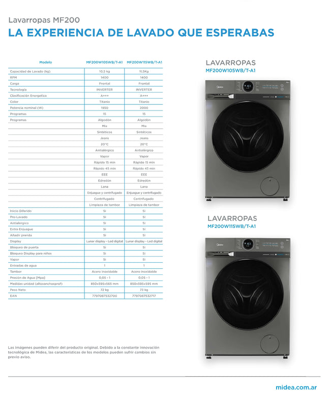 MIDEA HOGAR LAVARROPAS LUNAR INVERTER 10.5KG TITANIUM WIFI MF200W105WB/T-A1