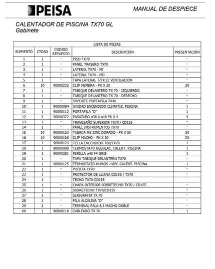 PEISA CALENTADOR DE PISCINAS TX70 GL 10000099