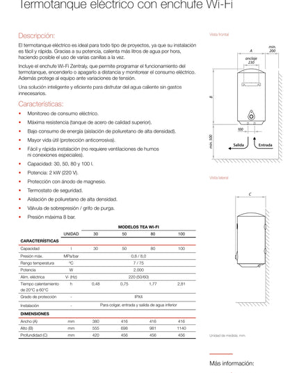 PEISA TERMOTANQUE ELECTRICO TEA 30 L CON ENCHUFE WIFI ZENTRALY 10002749