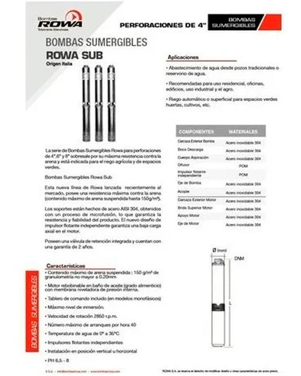 ROWA BOMBA SUMERGIBLE SUB 4RW 6/8 G-T 0023-0110