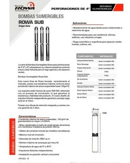 ROWA BOMBA SUMERGIBLE SUB 4RW 2/8G-M 0.5HP 220V 0023-0117