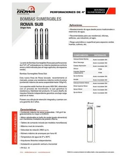 ROWA BOMBA SUMERGIBLE SUB 4RW 3/9G-M 0.75HP 220V 0023-0118