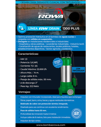 ROWA BOMBA DESAGOTE RW DRAIN 1300 PLUS 0023-0125