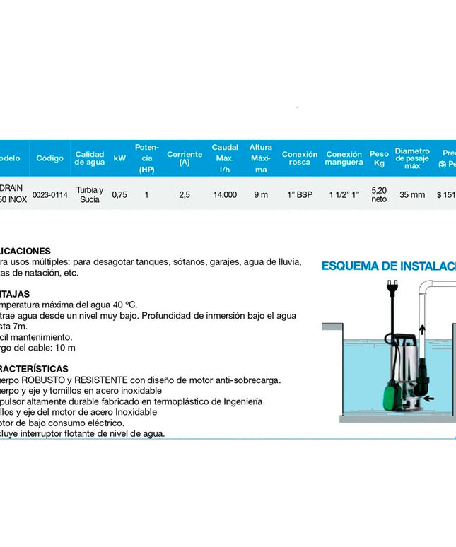 ROWA BOMBA DESAGOTE RW DRAIN M 750 INOX 0023-0114